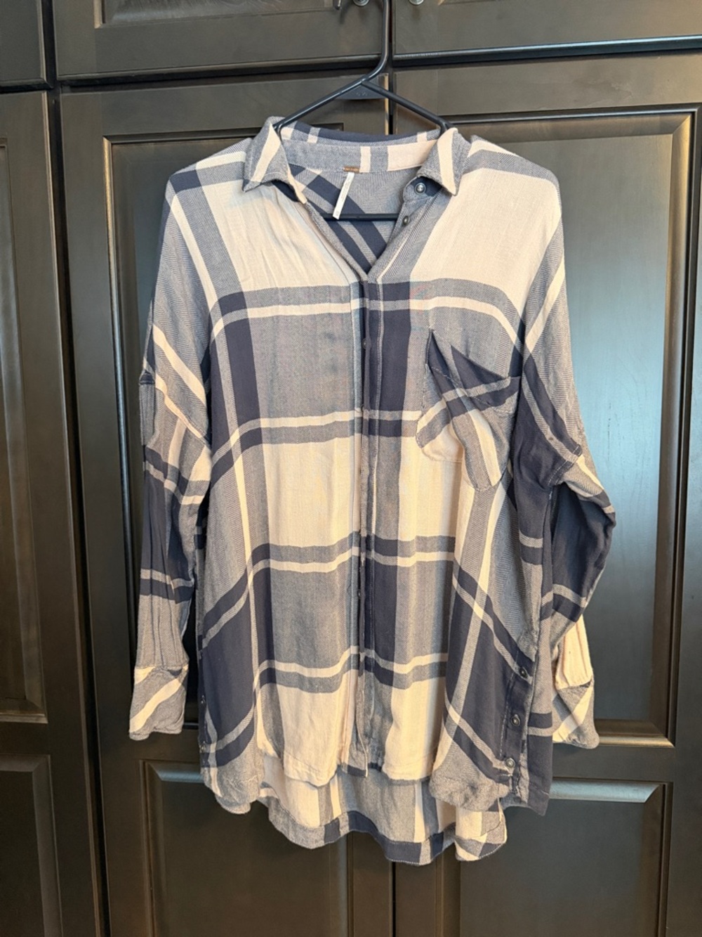 Free People Navy and Cream Plaid Shirt
